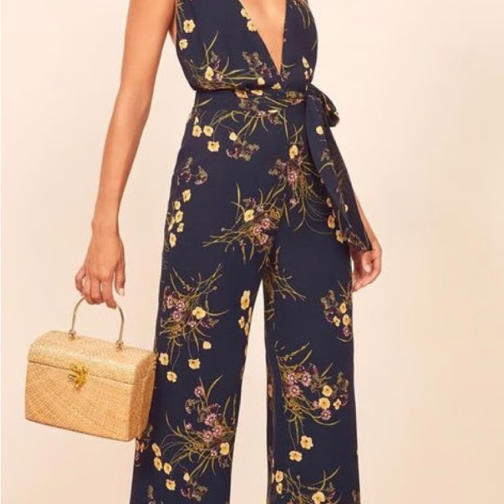 Reformation Navy Floral Jumpsuit